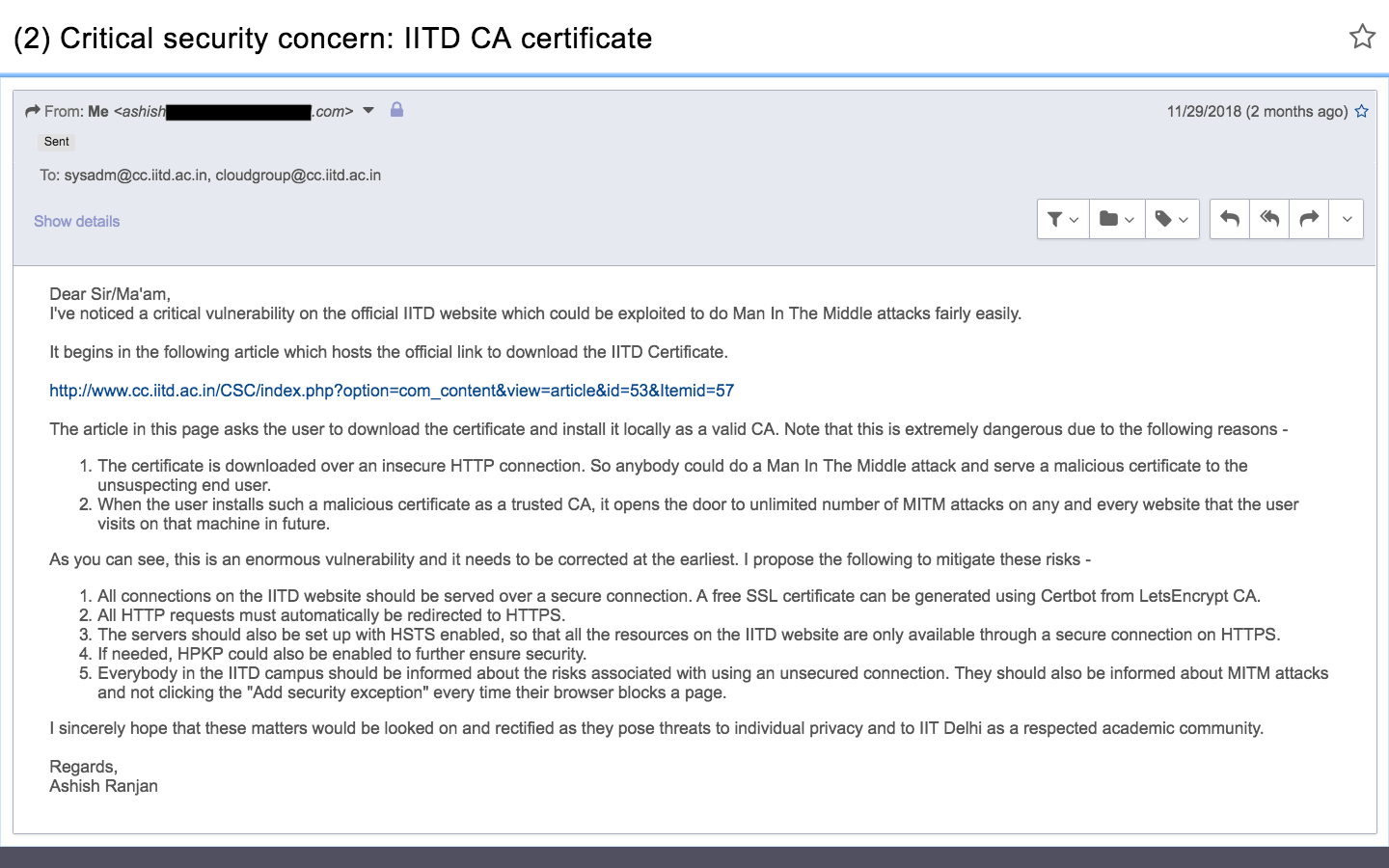 IIT Delhi CA vulnerability
email